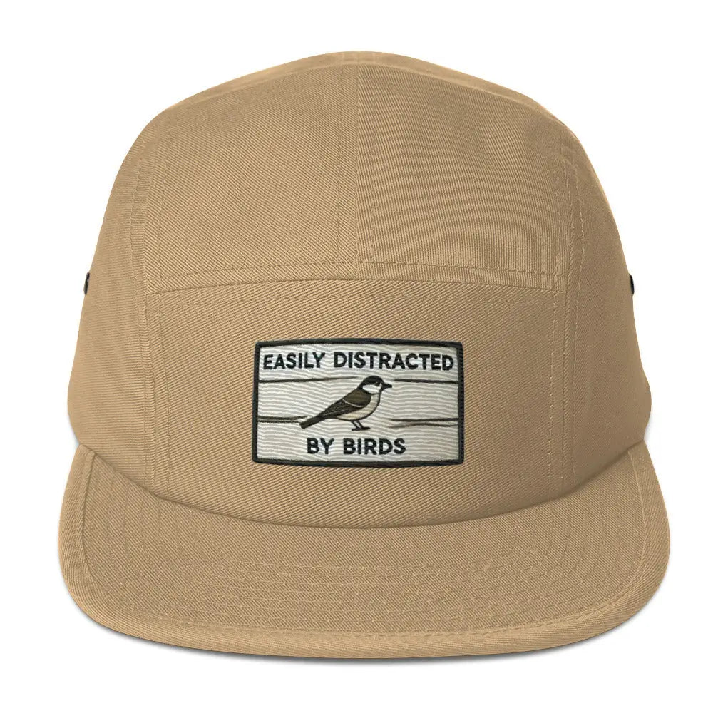 Tan Birds Five Panel embroidered corduroy hat with bird patch