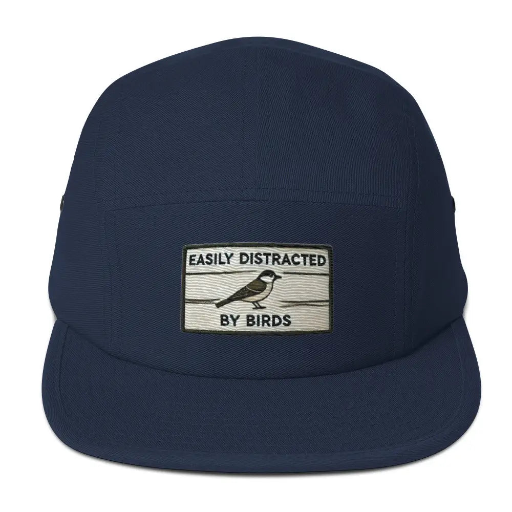 Navy blue Trini Skies birds five panel embroidered corduroy hat with bird patch