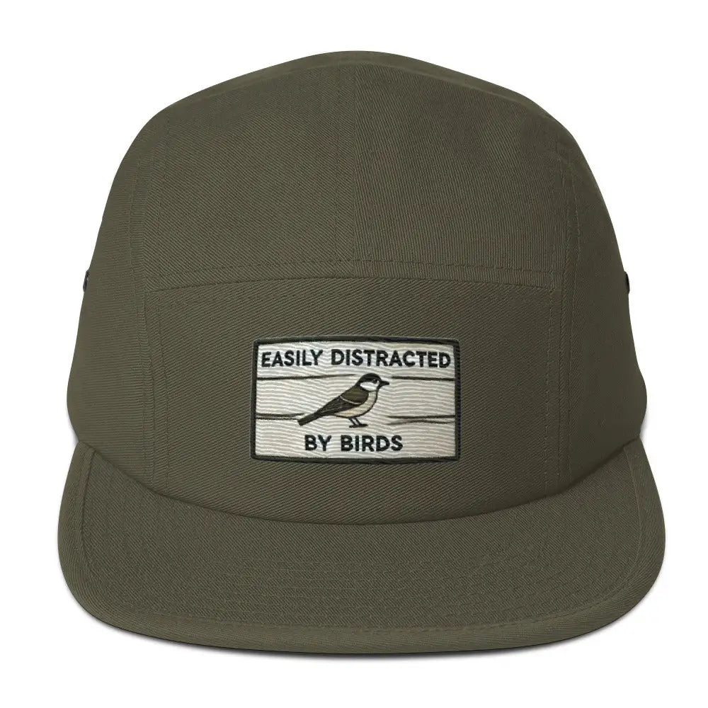 Olive green Trini Skies birds five panel embroidered corduroy hat with Easily Distracted By Birds patch