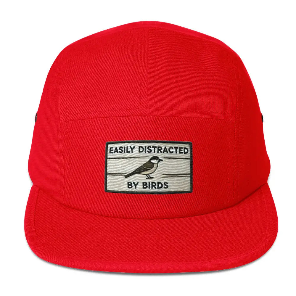 Red Trini Skies birds five panel embroidered corduroy cap with bird patch