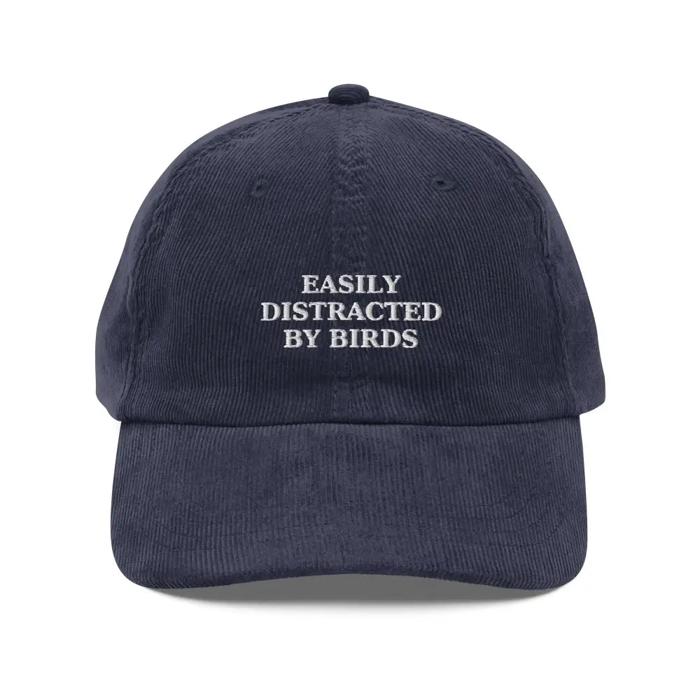 Birds Vintage Corduroy Embroidered Hat in dark blue with white text