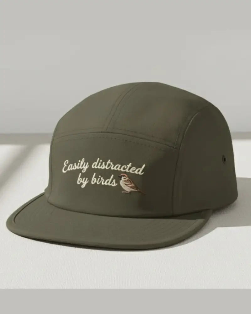 Olive green birdwatcher camper hat with birds direct embroidery and bird lovers gift design