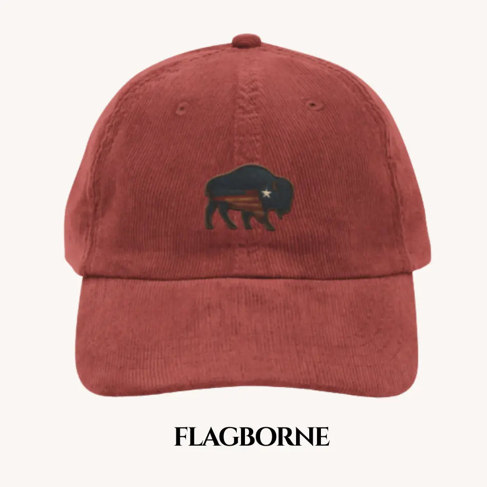 Red embroidered corduroy hat with flagship bison design stitched on buffalo emblem