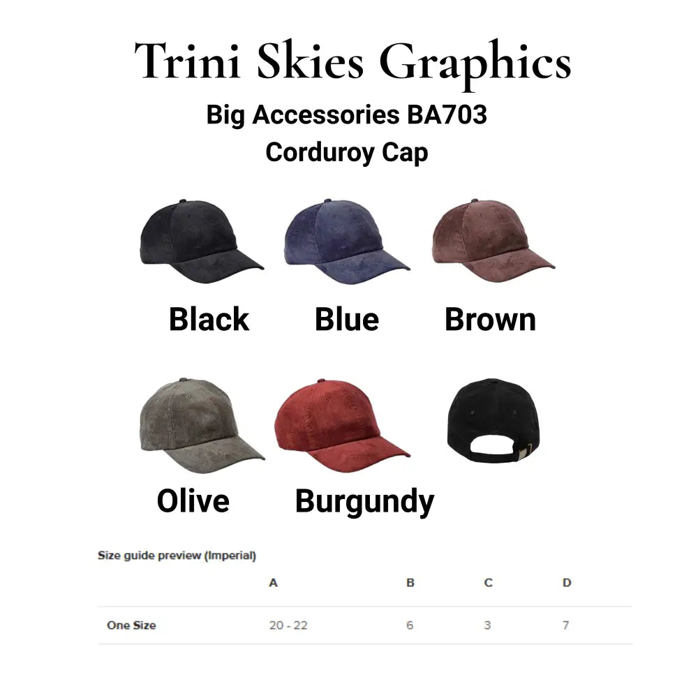 Six embroidered corduroy hats in bison design, black to burgundy with sizing