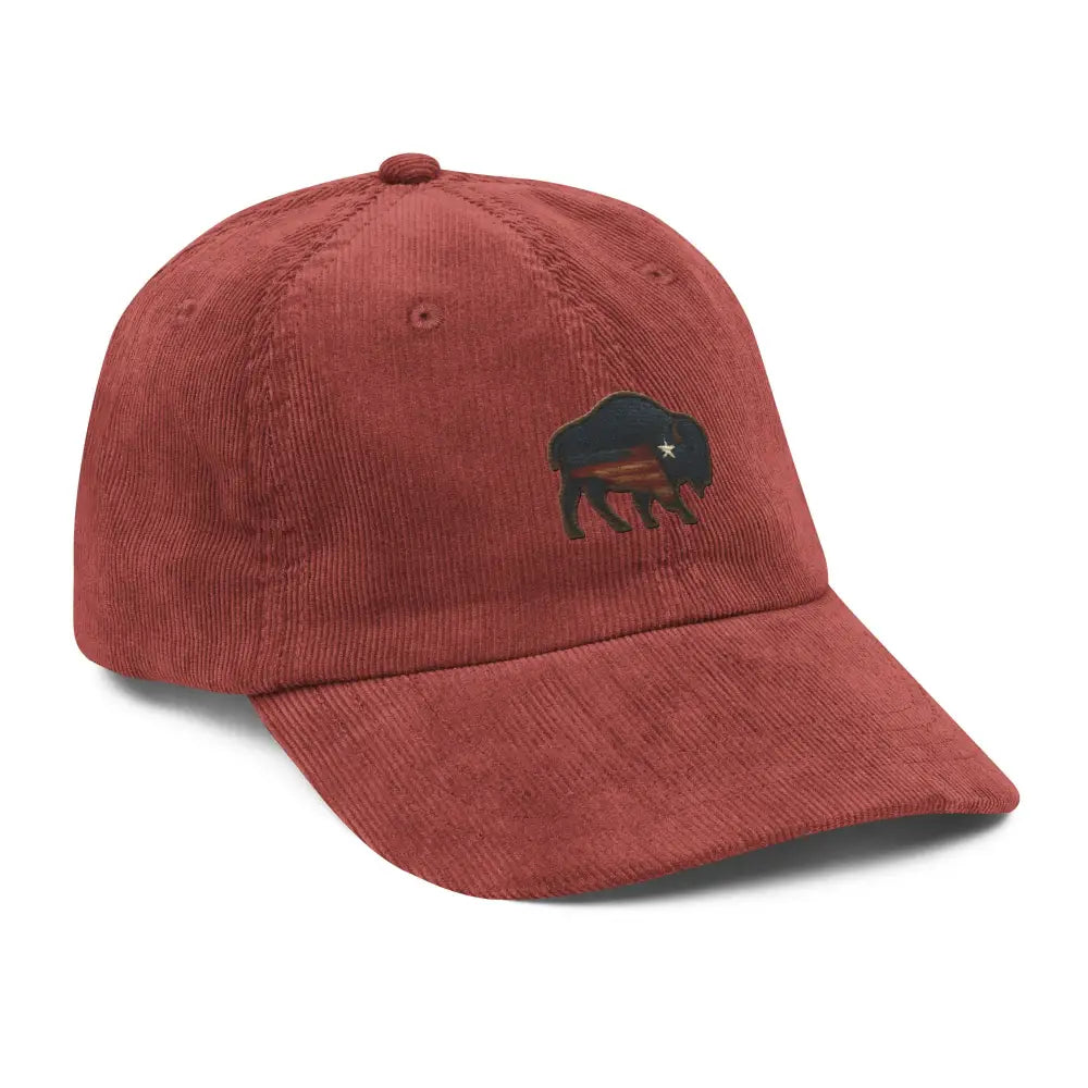 Embroidered corduroy hat with flagship bison design stitched on vintage baseball cap