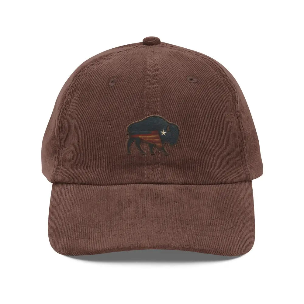 Brown embroidered corduroy hat with stitched bison silhouette patch