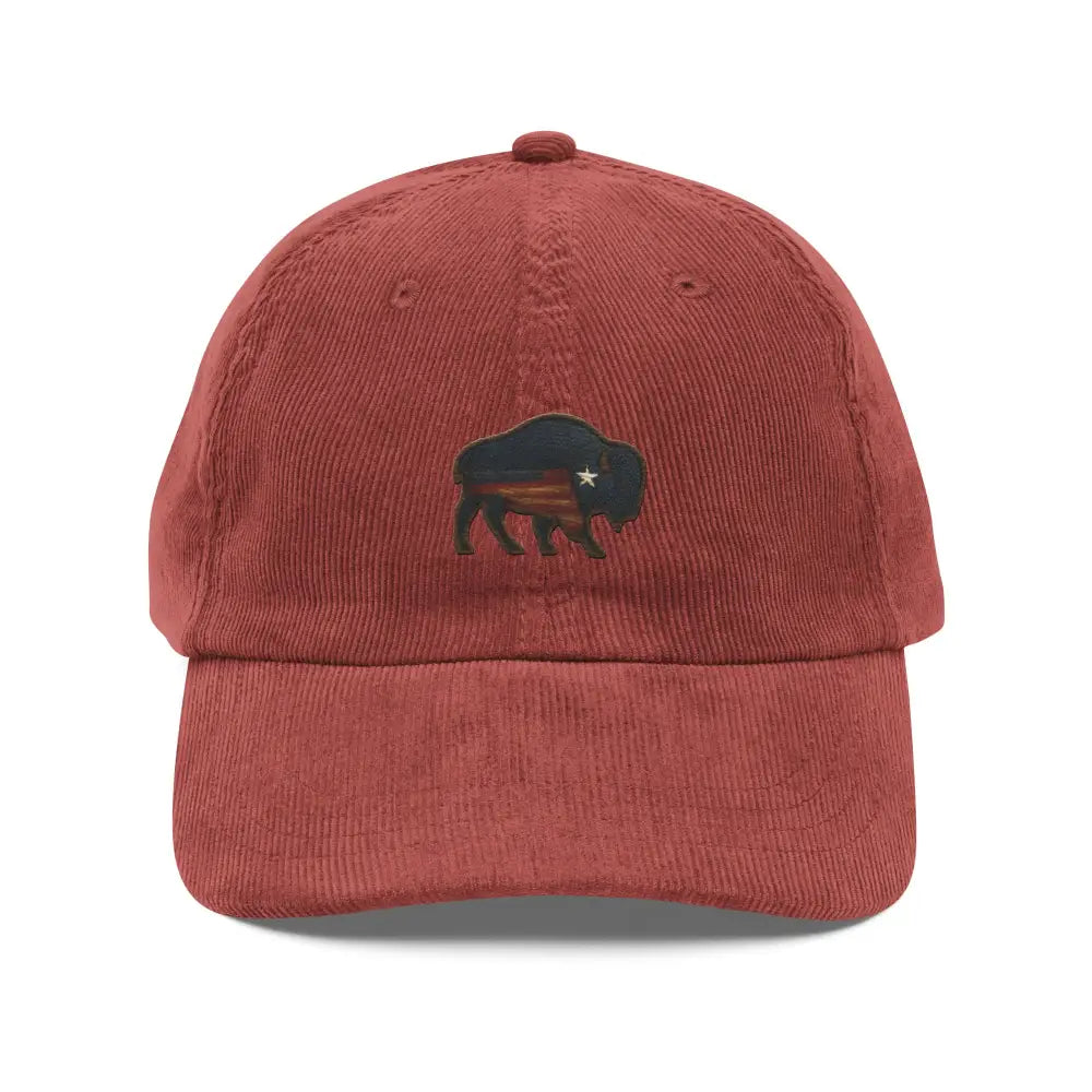 Red embroidered corduroy hat with flagship bison design stitched