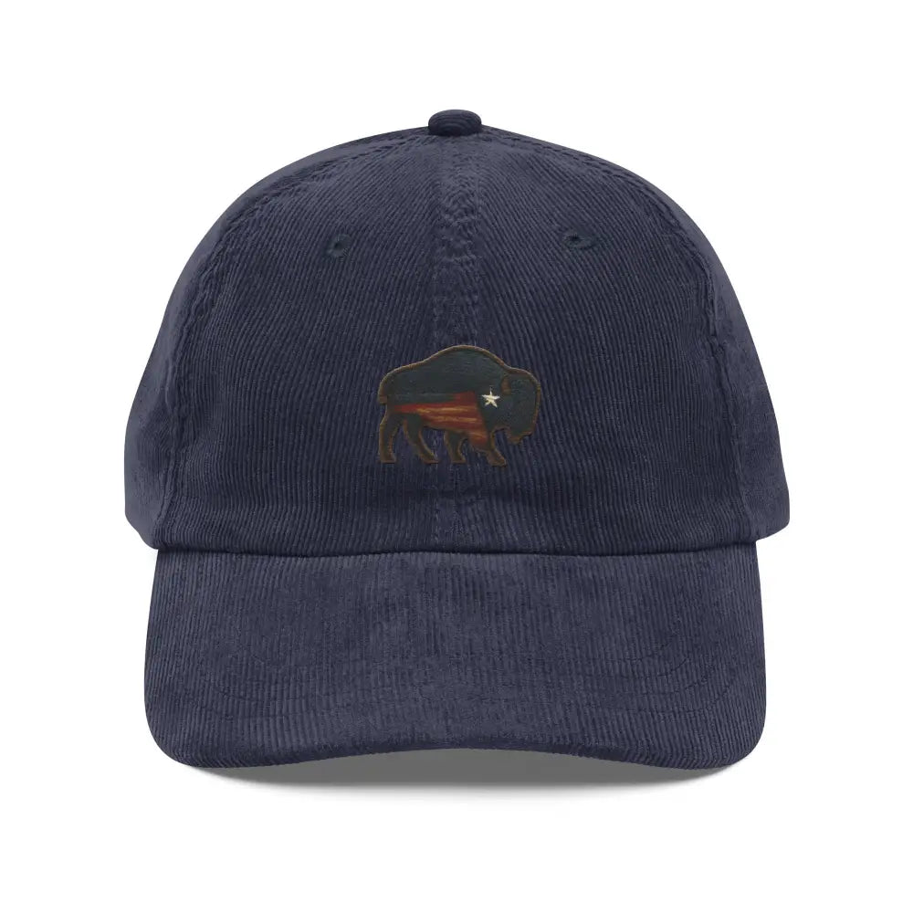 Navy blue embroidered corduroy hat with flagship bison design stitched patch