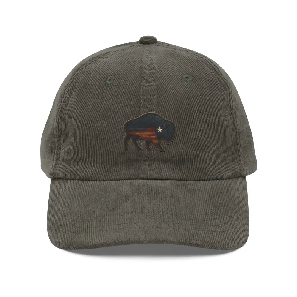 Olive green embroidered corduroy hat with stitched bison patch