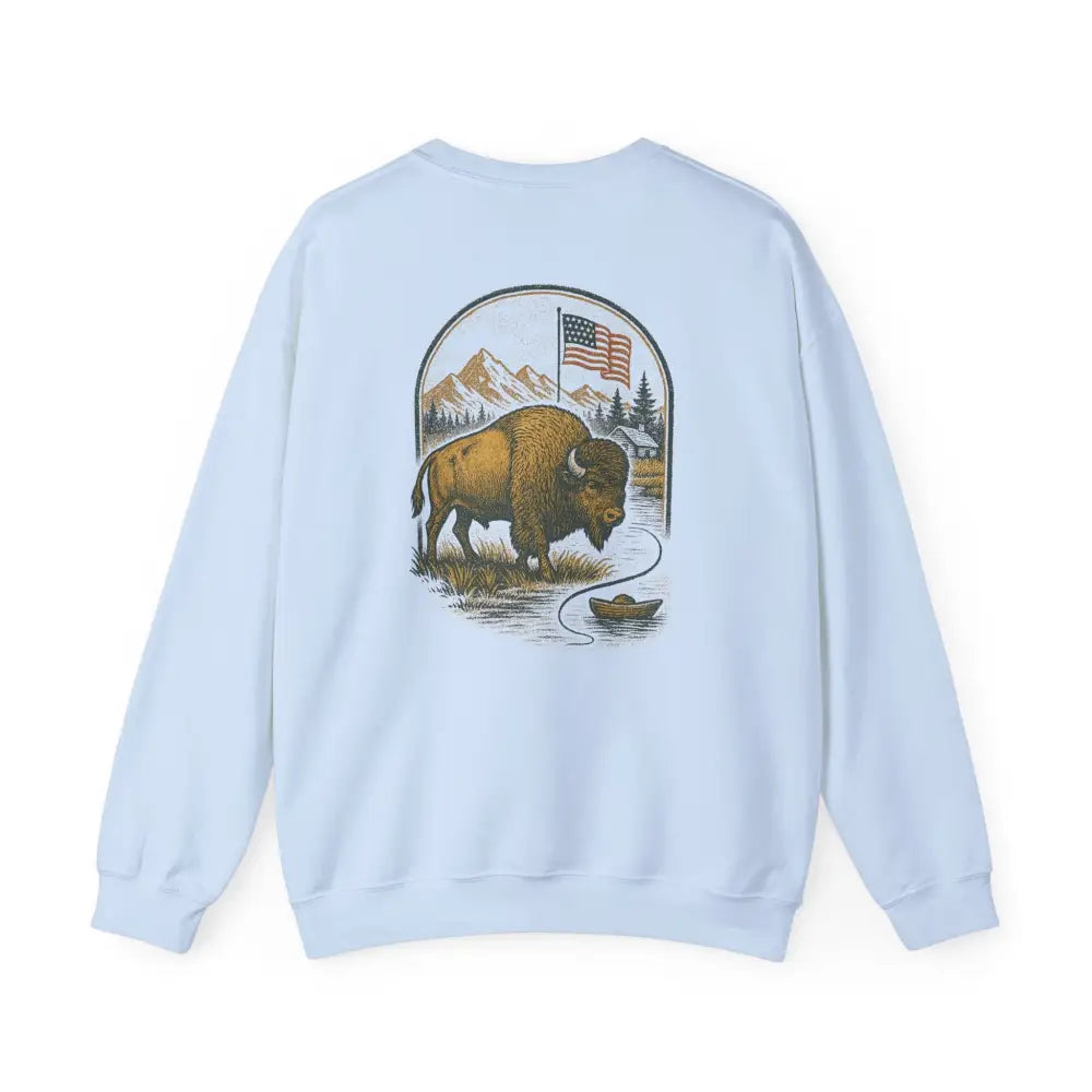 Bison Lodge Crewneck sweatshirt with light blue bison and mountain graphic