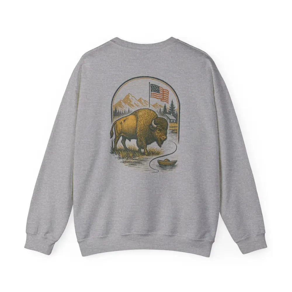 Bison Lodge crewneck sweatshirt with bison flag graphic on back