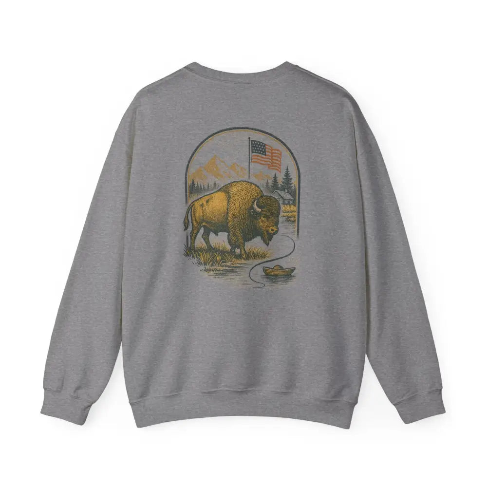 Gray Bison Lodge Crewneck Sweatshirt with Flag Graphic