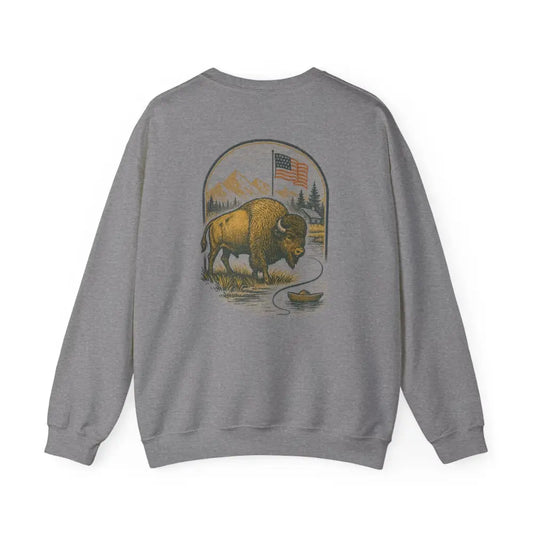 Gray Bison Lodge Crewneck Sweatshirt with Flag Graphic