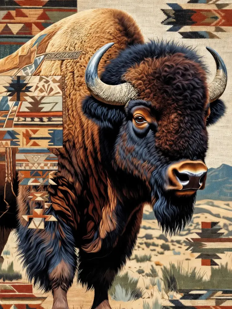 Detailed bison with horns on western-inspired art textile woven blanket
