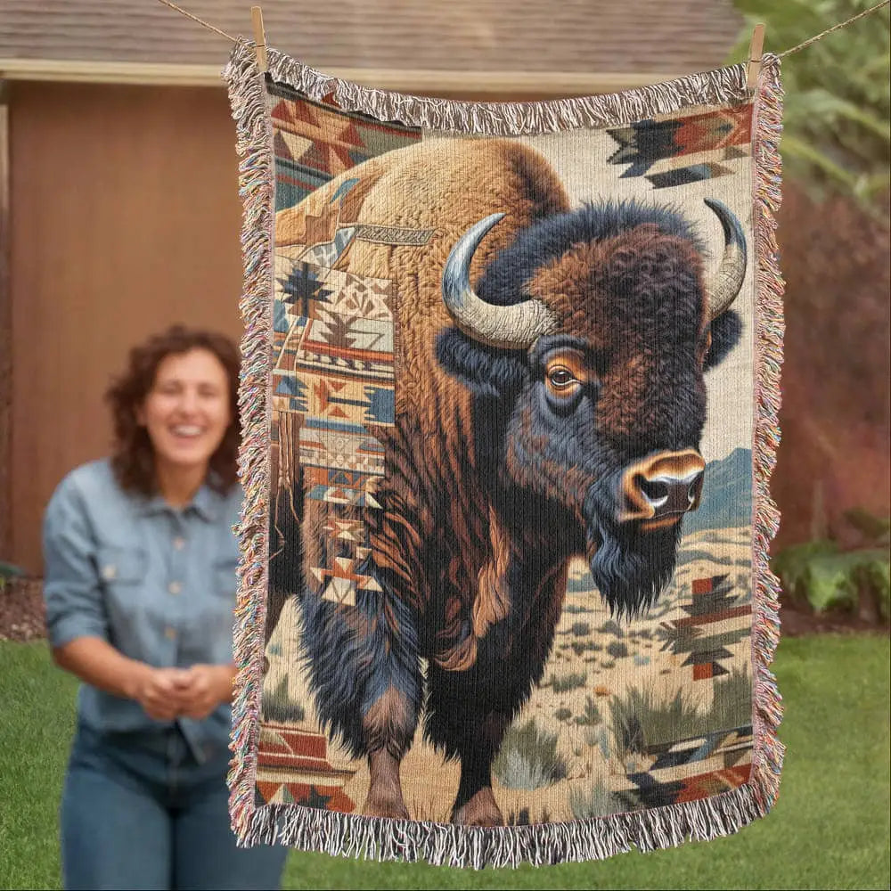 Detailed bison on woven blanket, western-inspired art textile with fringe