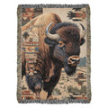 Bison woven blanket with detailed fur, white horns, geometric patterns
