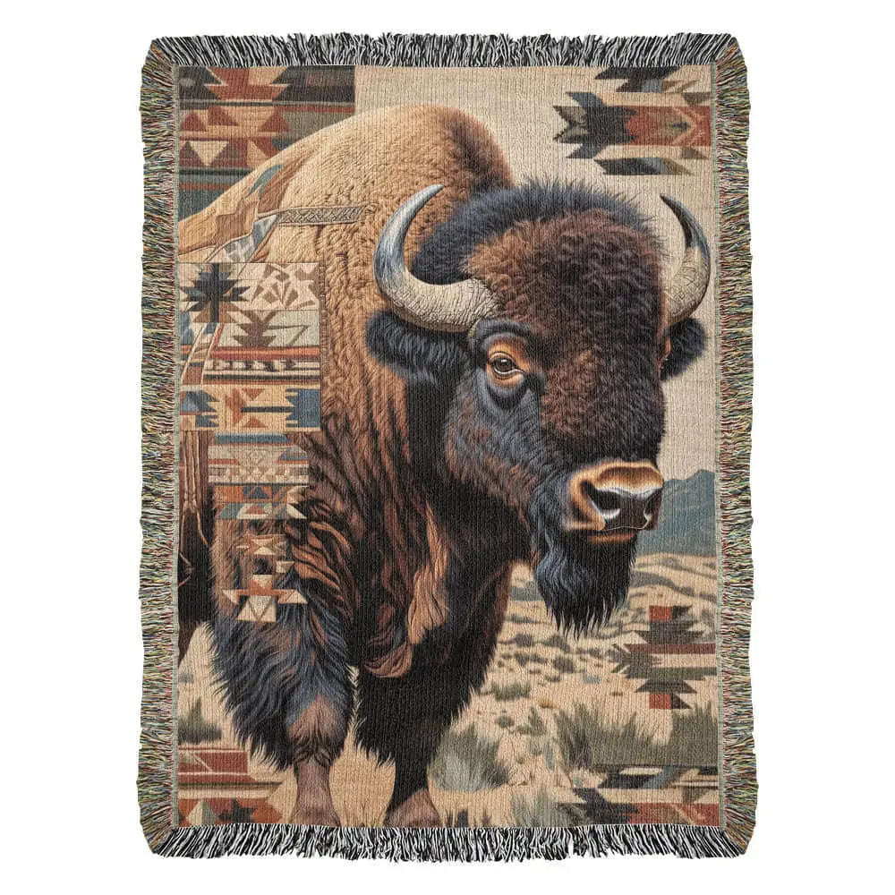 Bison woven blanket with detailed fur, white horns, geometric patterns