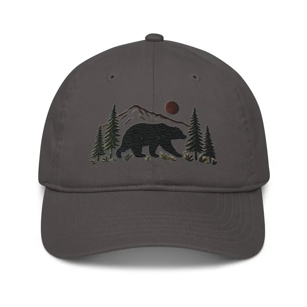 Black bear embroidered organic cotton dad hat with forest design