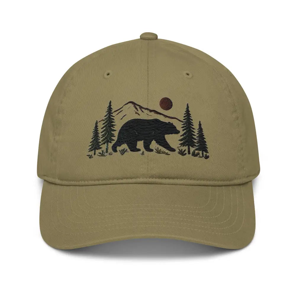Black bear embroidered organic cotton dad hat with mountain design