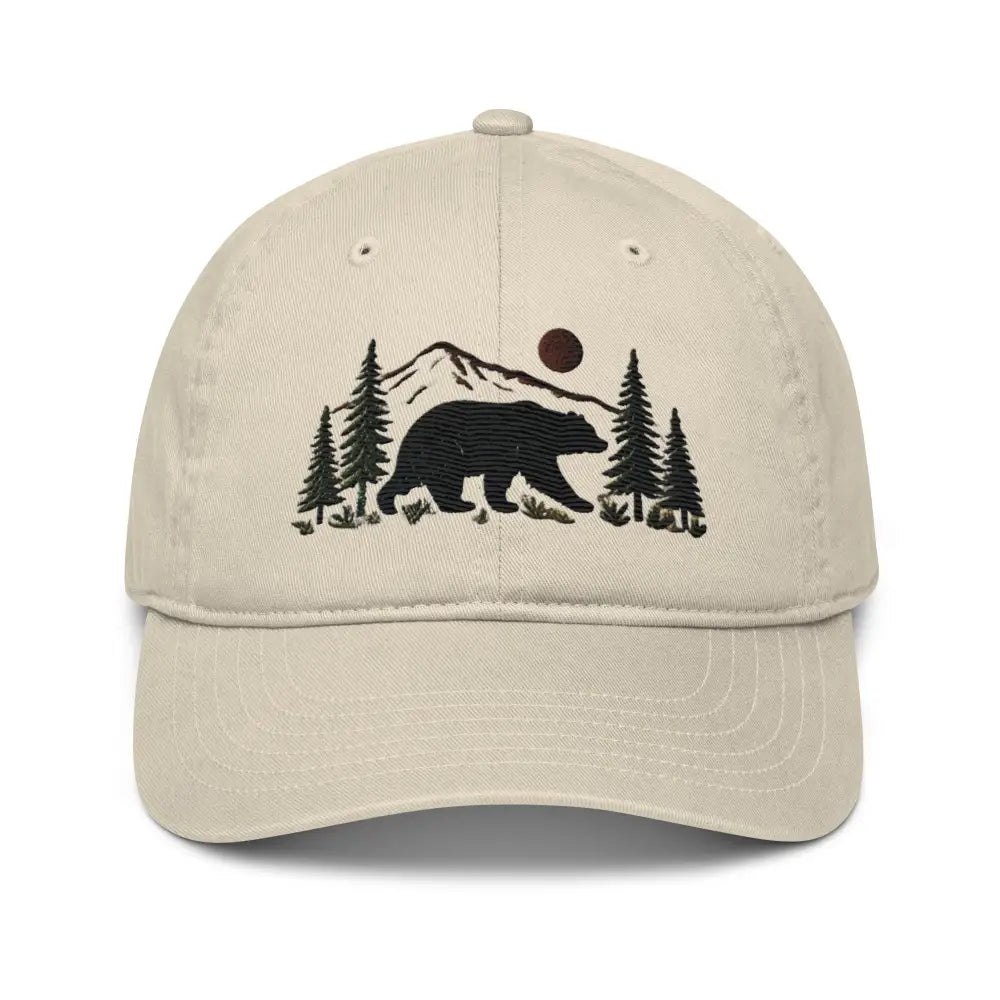 Black bear embroidered organic cotton dad hat with mountain scene