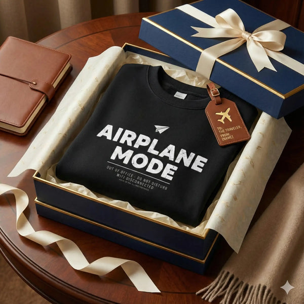 Black cotton crewneck sweatshirt with white ’airplane mode’ graphic and airplane icon.