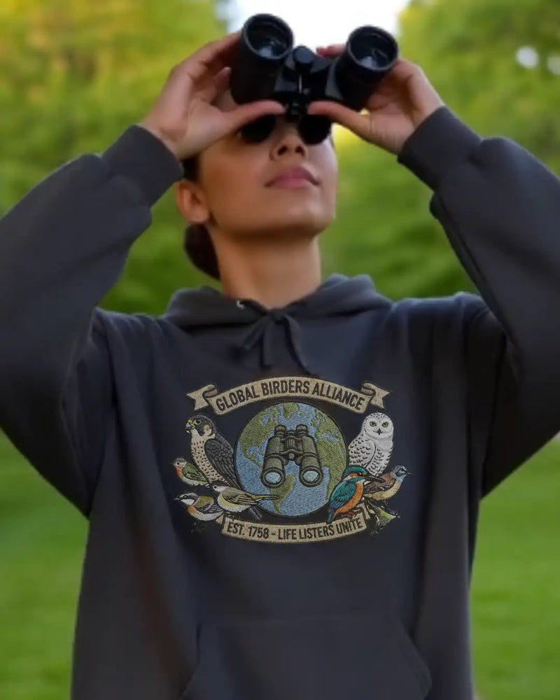 Black hooded sweatshirt with a colorful graphic of birds and binoculars around a globe, featuring the text ’global birders alliance’ and ’est.