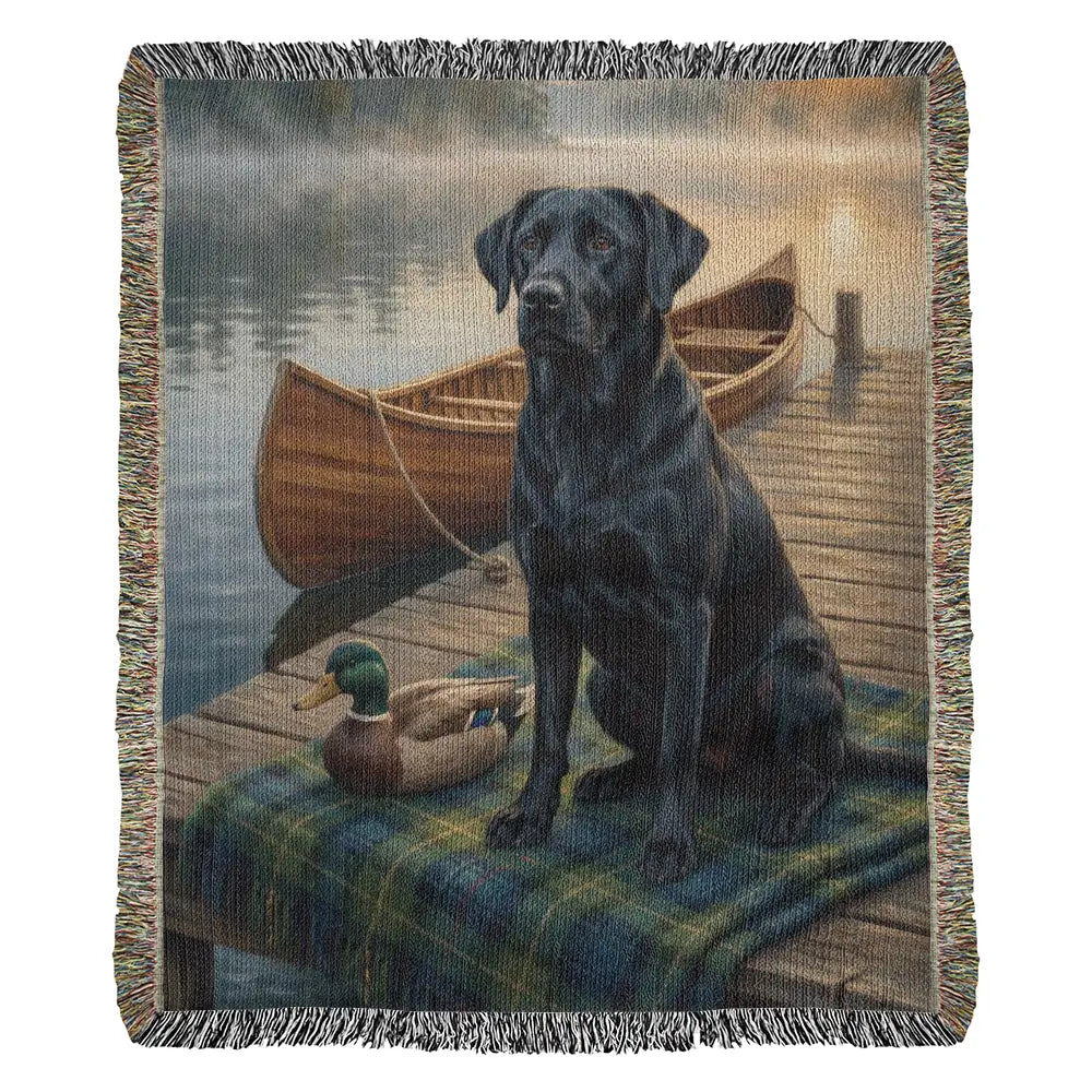 Black labrador retriever on dock with canoe in Trini Skies heritage blanket pet lovers gift