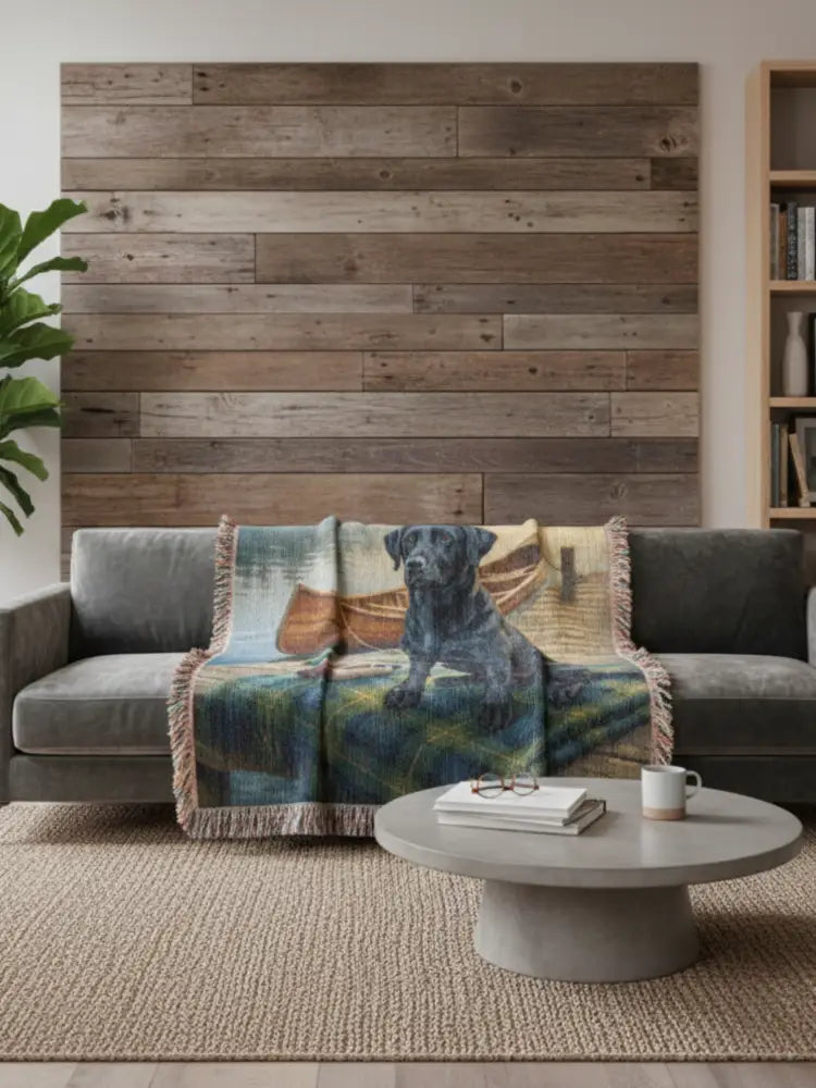 Cozy heritage blanket pet with black lab by canoe, ideal pet lovers gift
