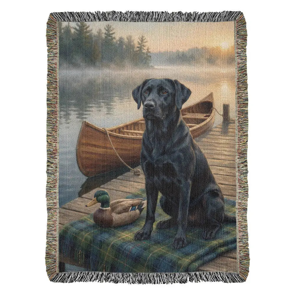 Black labrador retriever on dock by canoe, woven heritage blanket pet lovers gift