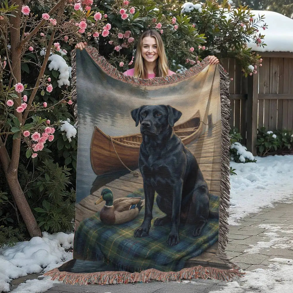 Black lab on plaid heritage blanket pet with canoe and duck tapestry