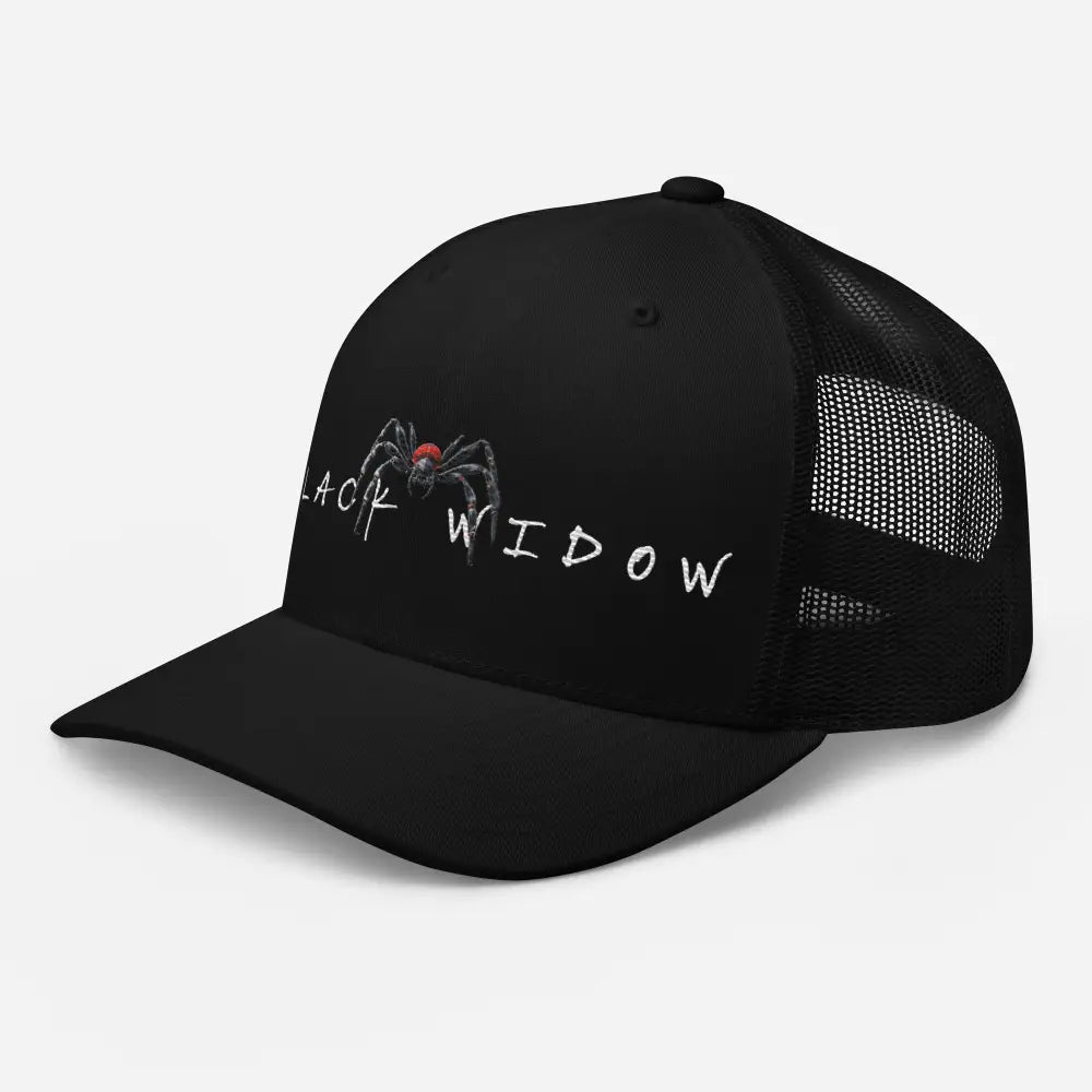 Black Widow embroidered trucker hat with spider design
