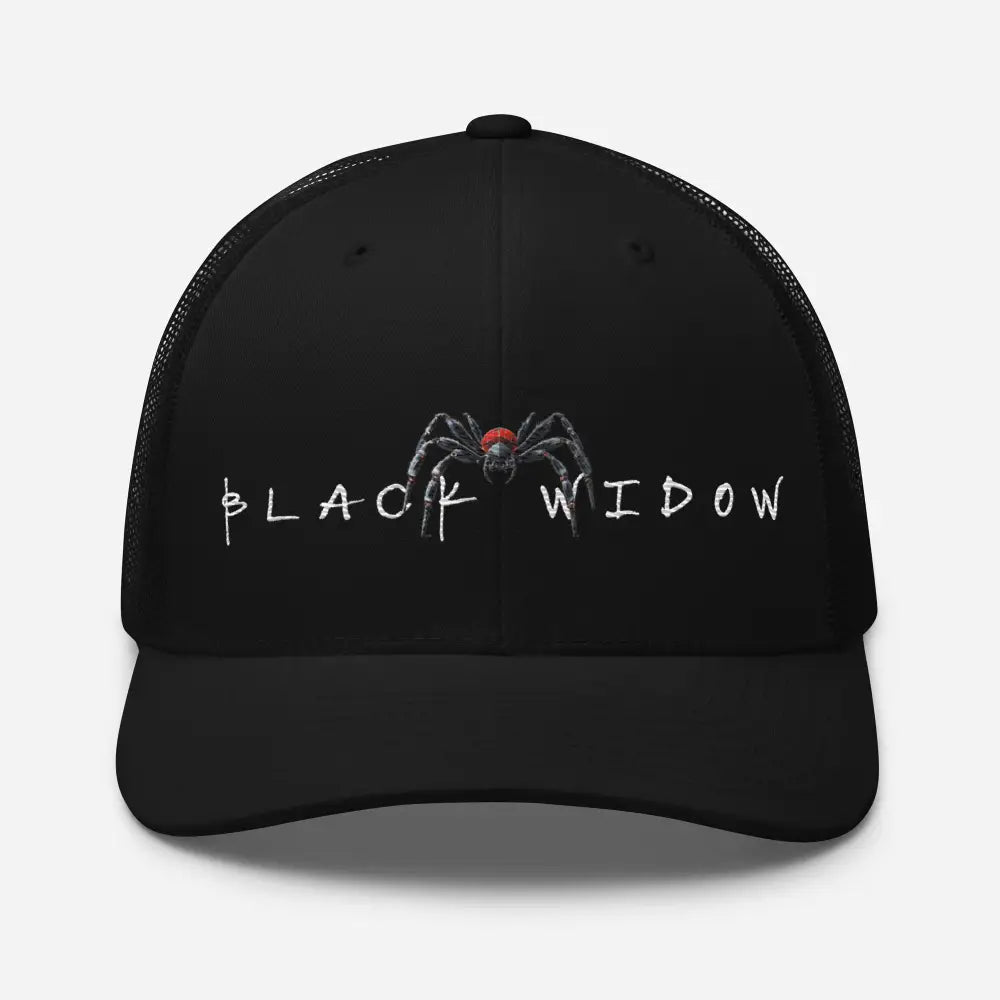 Black widow embroidered trucker hat spider design