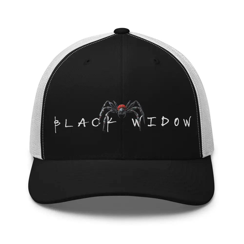 Black widow embroidered trucker hat spider design on corduroy