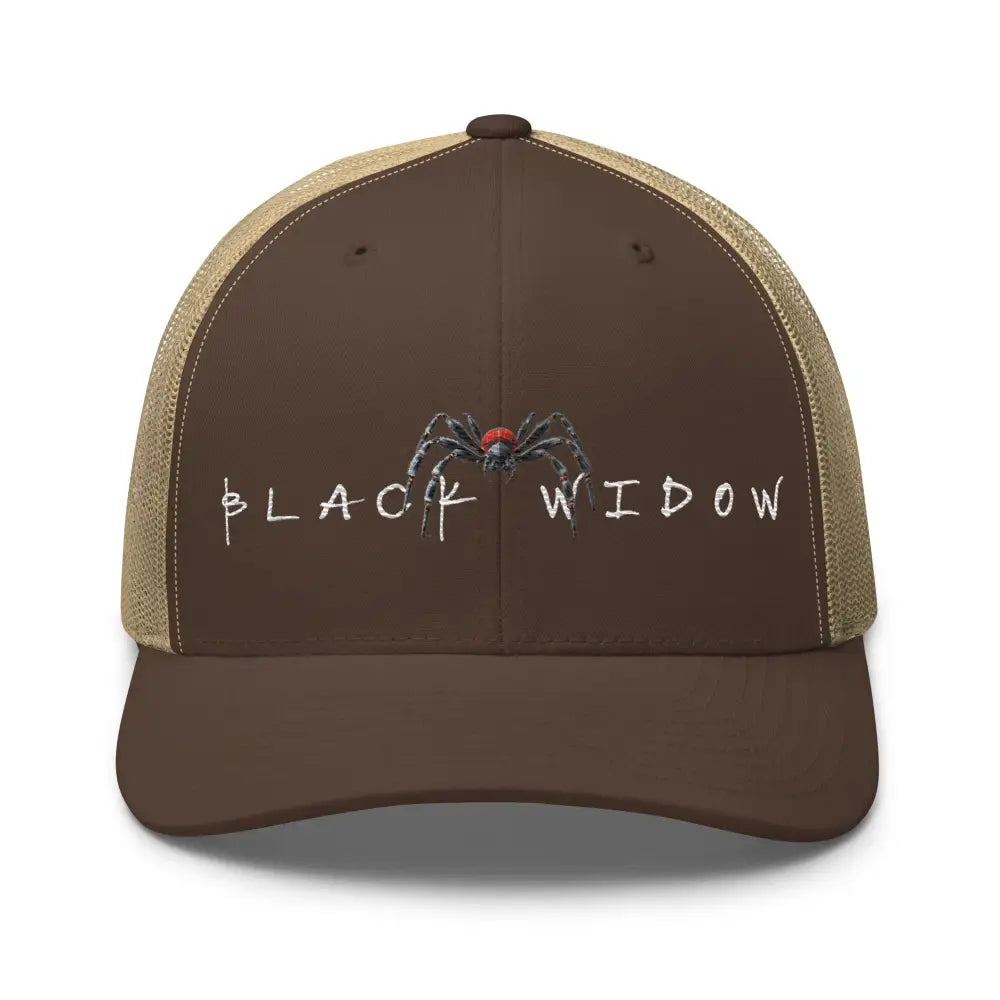 Black widow embroidered trucker hat with spider design