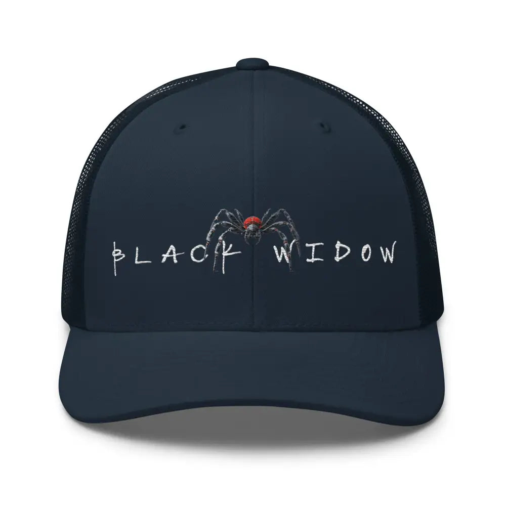 Dark blue trucker hat with black widow embroidered spider design