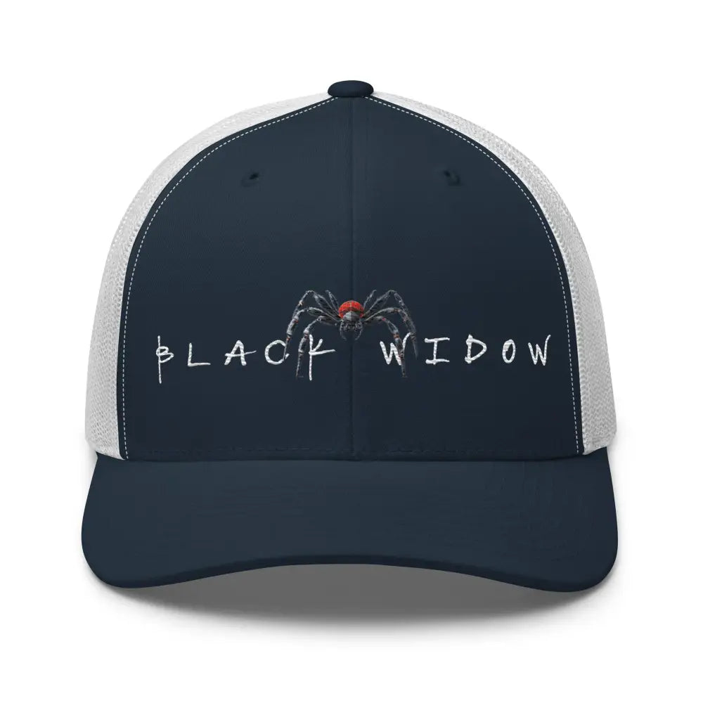 Black widow embroidered trucker hat spider design