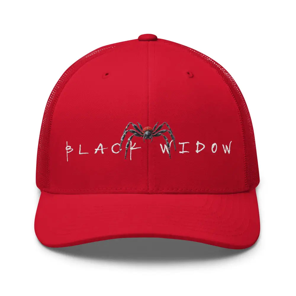 Red black widow embroidered trucker hat spider design