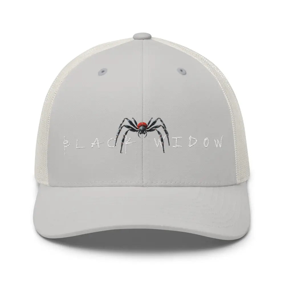 Light gray trucker hat with black widow embroidered spider design