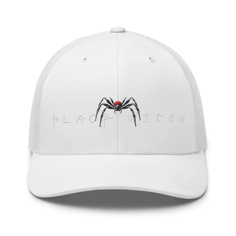 White black widow embroidered trucker hat spider design