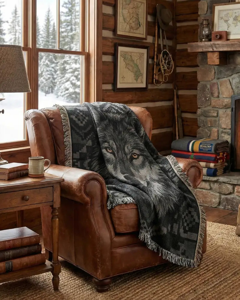 Black wolf woven cotton blanket with monochrome wolf face on armchair