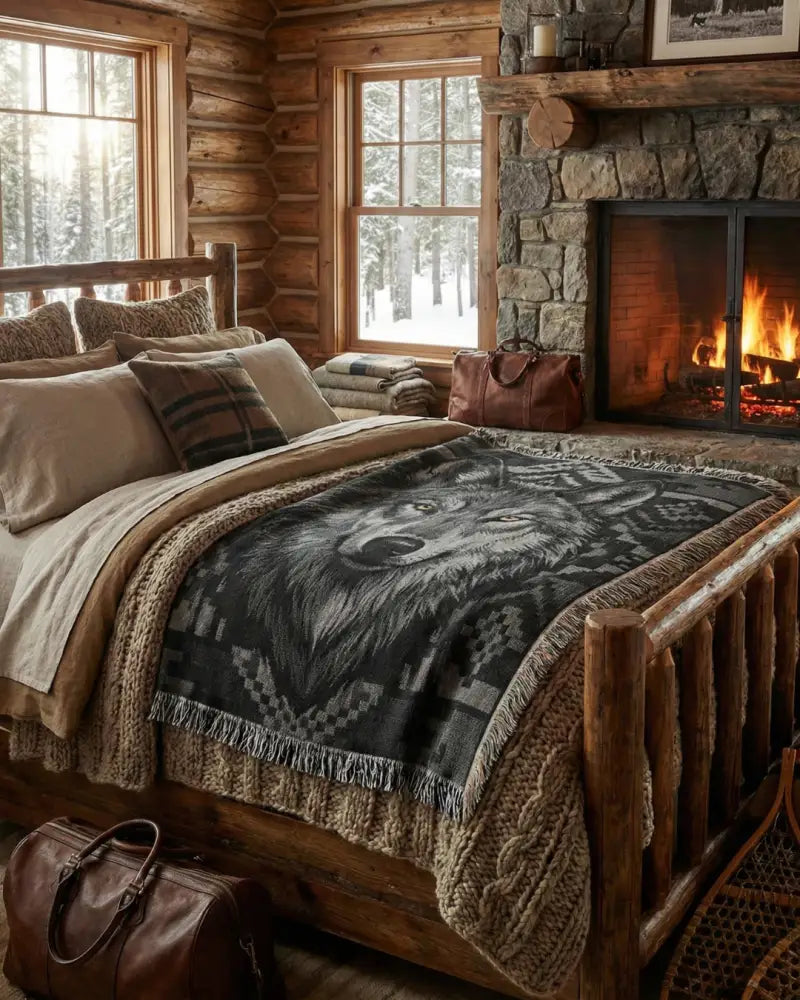 Black wolf woven cotton blanket with gray pattern on rustic bed