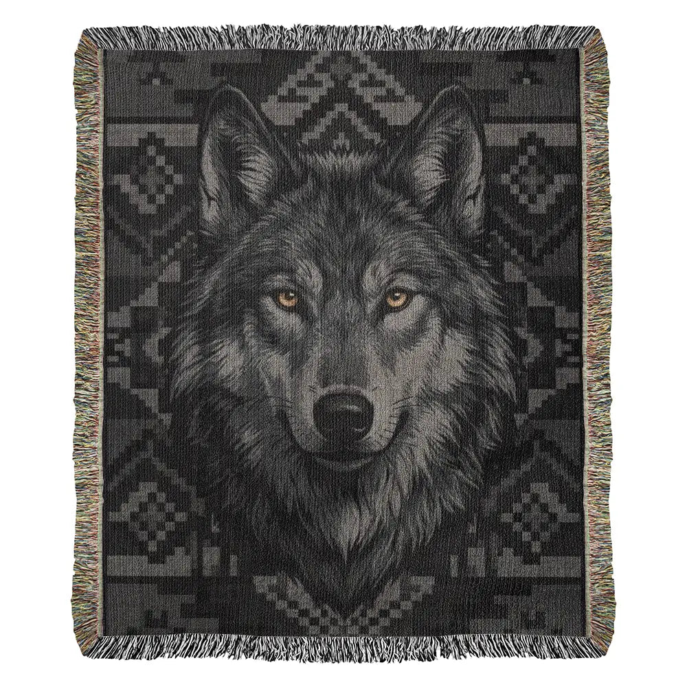 Black wolf woven cotton blanket with tribal patterns and fringe