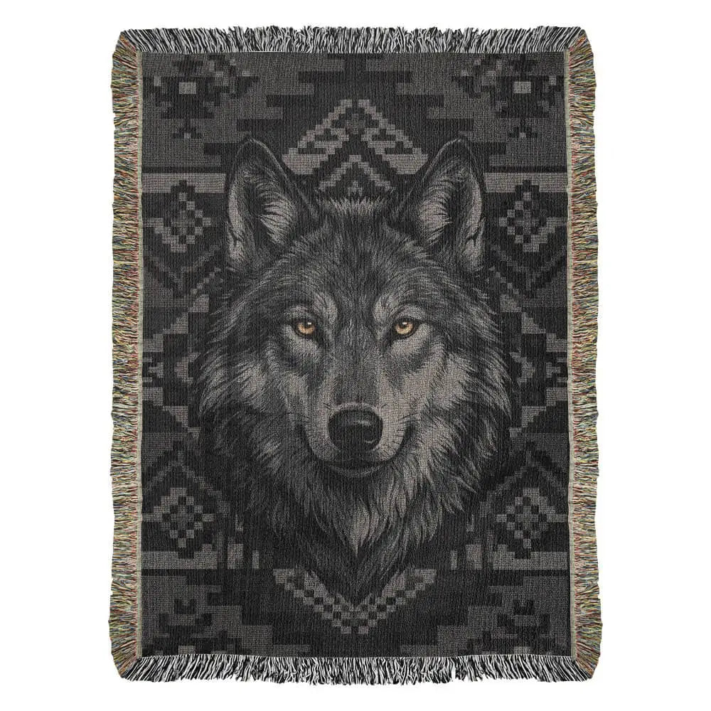 Black wolf woven cotton blanket with tribal patterns, nature gifts