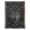 Black wolf woven cotton blanket with tribal patterns, nature gifts