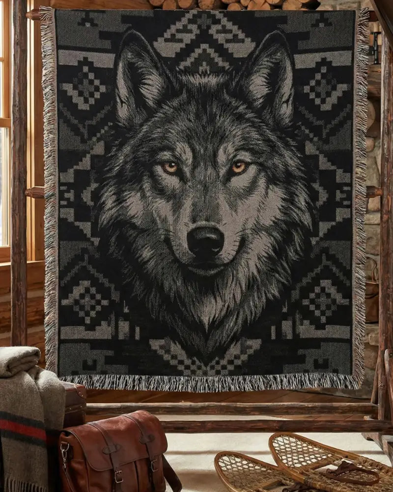 Black wolf woven cotton blanket with pixelated face and tribal patterns