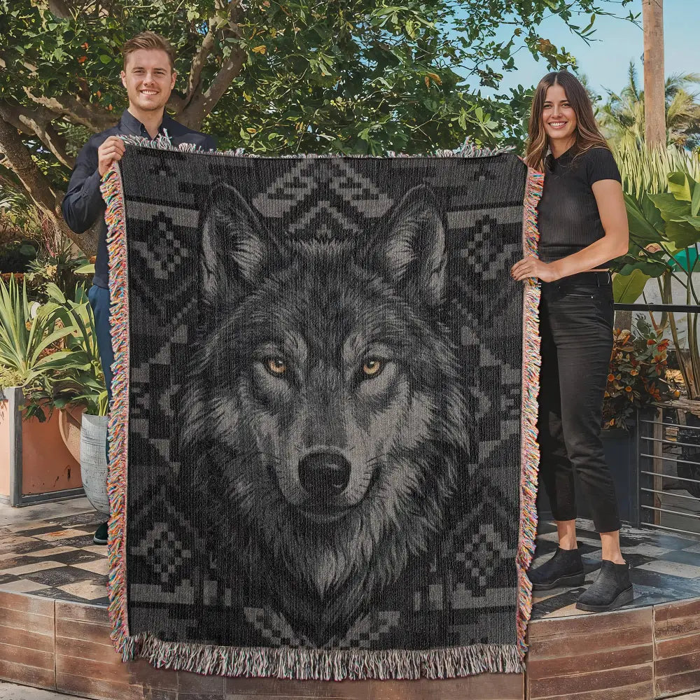 Black wolf woven cotton blanket with geometric tribal patterns