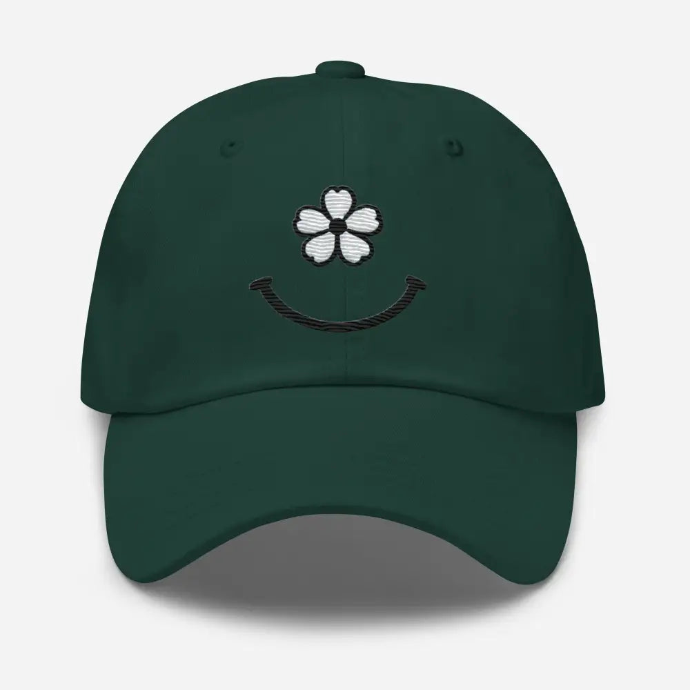 Dark green floral smiley face face dad hat with white flower and black embroidered smile