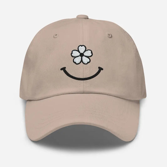 Bloom with Joy Floral Smiley Face Dad Hat - Embroidered Happy Cotton Twill Cap - Hats light brown baseball cap