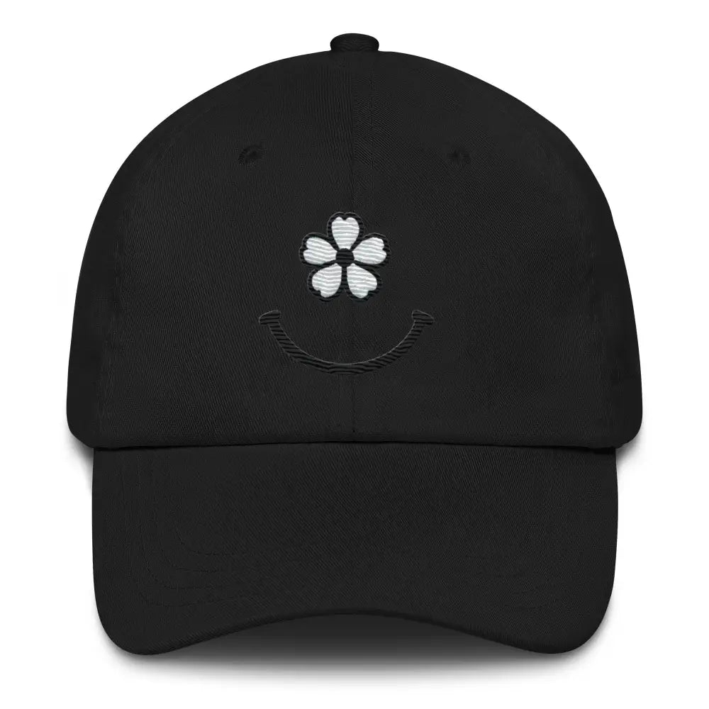 Black floral smiley face face dad hat with white embroidered flower and smile design