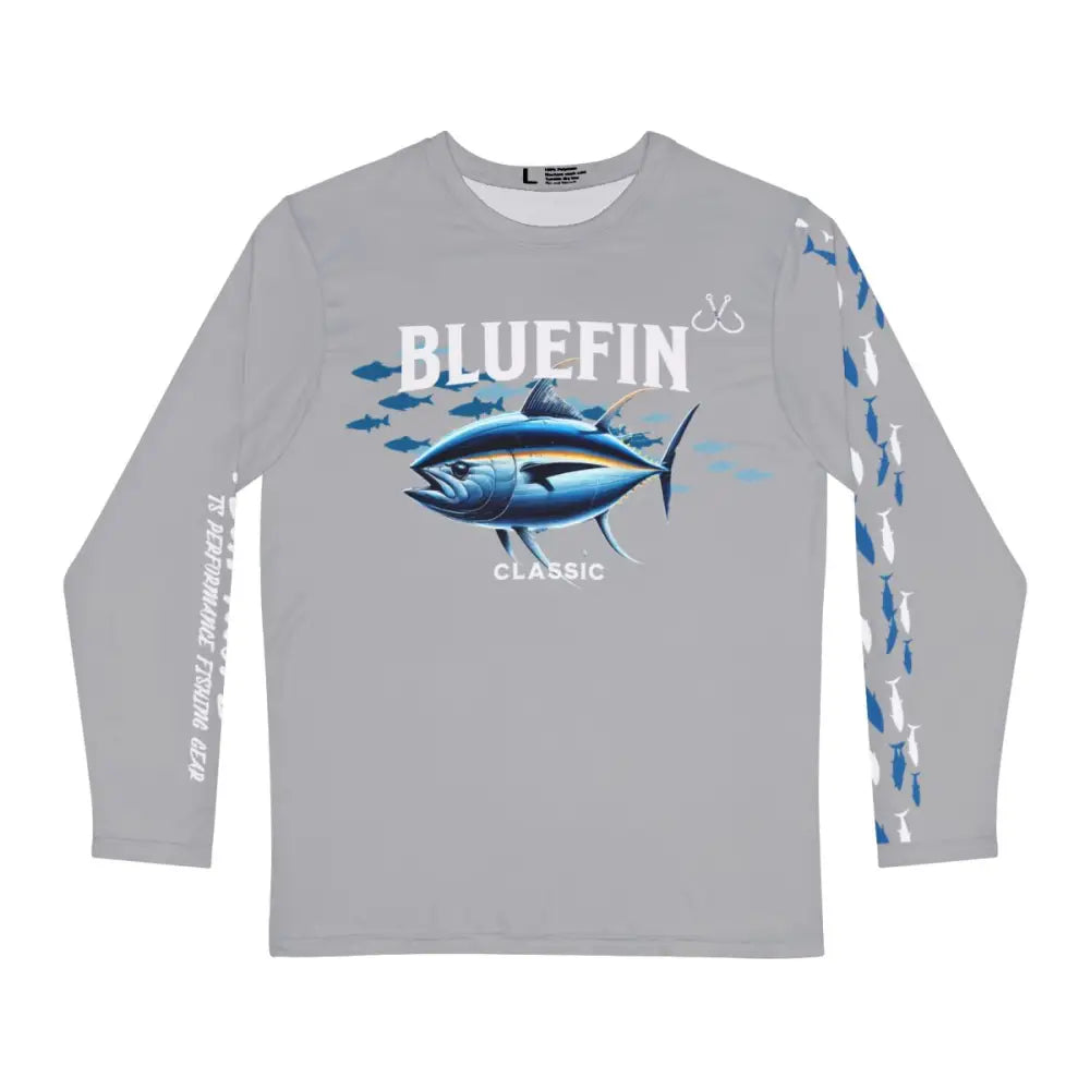 Gray performance fishing shirt with bluefin tuna graphic